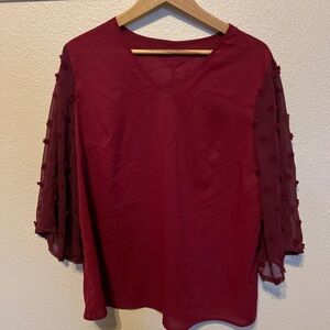 SHEIN Burgundy V-Neck Blouse with Sheer Sleeves